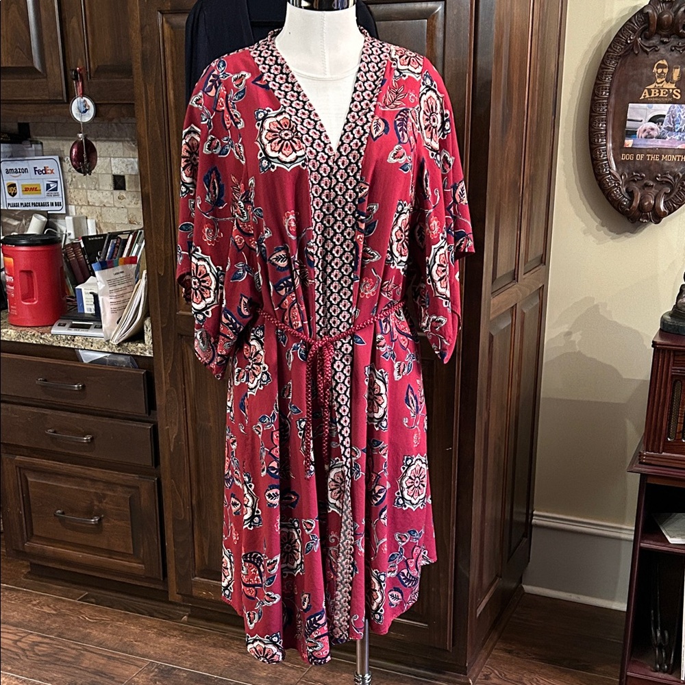 Angie Sz L Floral Magenta Maroon Kimono Robe Belted GUC